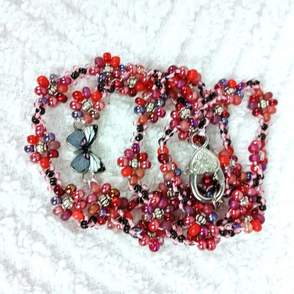 HANDMADE ~ Red Daisies & Butterfly 4 Wrap Bracelet